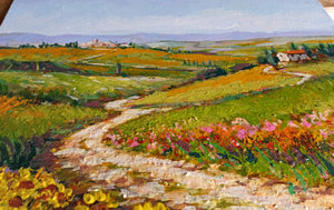 Tuscany painting by Gino Masini "Country path with sunflowers" landscape original artwork Italy Toscana