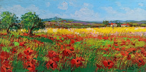 Tuscany painting by Gino Masini "Field of poppies" landscape original Italian painter Toscana