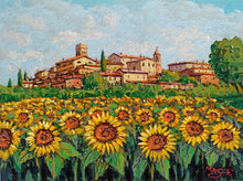 Load image into Gallery viewer, Tuscany painting by Gino Masini &quot;Village with sunflowers&quot; original artwork Italy Toscana landscape
