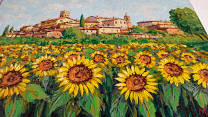 Tuscany painting by Gino Masini "Village with sunflowers" original artwork Italy Toscana landscape