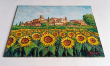 Load image into Gallery viewer, Tuscany painting by Gino Masini &quot;Village with sunflowers&quot; original artwork Italy Toscana landscape
