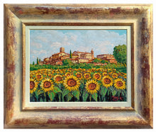 Load image into Gallery viewer, Tuscany painting by Gino Masini &quot;Village with sunflowers&quot; original artwork Italy Toscana landscape
