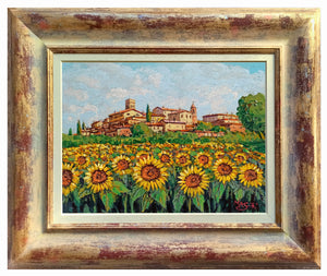 Tuscany painting by Gino Masini "Village with sunflowers" original artwork Italy Toscana landscape