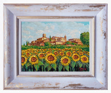 Load image into Gallery viewer, Tuscany painting by Gino Masini &quot;Village with sunflowers&quot; original artwork Italy Toscana landscape
