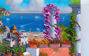 Positano painting, by Silvio Valli painter "Flowering on the coast",Italian painting,Amalfitan Coast