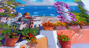 Positano painting, by Silvio Valli painter "Flowering on the coast",Italian painting,Amalfitan Coast