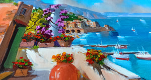 Amalfi painting, by Italian painter Silvio Valli "Flowered house on the sea" ,Italian painting,Amalfitan Coast