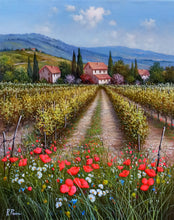 Load image into Gallery viewer, Tuscany painting, landscape by Raimondo Pacini, &quot;Field of flowers under vineyard&quot; Toscana painting,countryside
