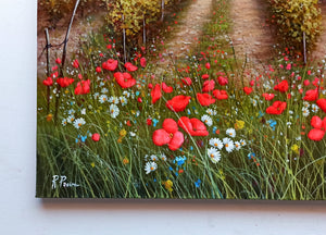 Tuscany painting, landscape by Raimondo Pacini, "Field of flowers under vineyard" Toscana painting,countryside