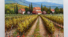 Load image into Gallery viewer, Tuscany painting, landscape by Raimondo Pacini, &quot;Field of flowers under vineyard&quot; Toscana painting,countryside
