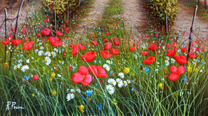 Tuscany painting, landscape by Raimondo Pacini, "Field of flowers under vineyard" Toscana painting,countryside