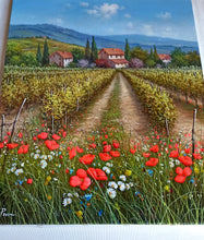 Load image into Gallery viewer, Tuscany painting, landscape by Raimondo Pacini, &quot;Field of flowers under vineyard&quot; Toscana painting,countryside
