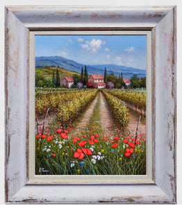 Tuscany painting, landscape by Raimondo Pacini, "Field of flowers under vineyard" Toscana painting,countryside