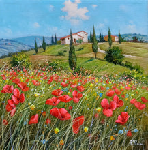 Load image into Gallery viewer, Tuscany painting landscape by Raimondo Pacini &quot;Hill with flowers field&quot; Toscana artwork impressionist oil canvas
