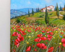 Load image into Gallery viewer, Tuscany painting landscape by Raimondo Pacini &quot;Hill with flowers field&quot; Toscana artwork impressionist oil canvas
