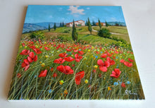 Load image into Gallery viewer, Tuscany painting landscape by Raimondo Pacini &quot;Hill with flowers field&quot; Toscana artwork impressionist oil canvas
