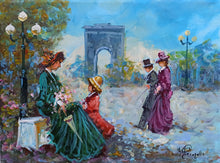 Load image into Gallery viewer, France painting Belle Epoque by Antonio Pecorelli &quot;At the Arc de Triomphe Paris&quot; French old figures original oil
