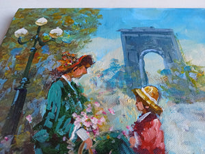 France painting Belle Epoque by Antonio Pecorelli "At the Arc de Triomphe Paris" French old figures original oil