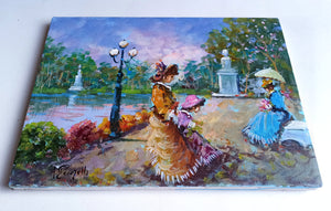 France painting Belle Epoque by Antonio Pecorelli "Ladies to the pond" French old figures original oil