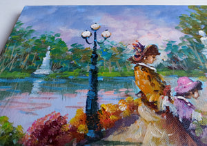 France painting Belle Epoque by Antonio Pecorelli "Ladies to the pond" French old figures original oil