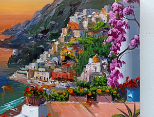 Positano painting, by Silvio Valli painter "Sunset on Positano",Italian painting,Amalfitan Coast