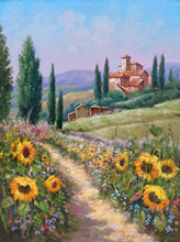 Load image into Gallery viewer, Tuscany painting by Domenico Ronca painter &quot;The flowery path&quot; canvas original Toscana landscape
