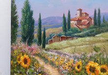 Load image into Gallery viewer, Tuscany painting by Domenico Ronca painter &quot;The flowery path&quot; canvas original Toscana landscape
