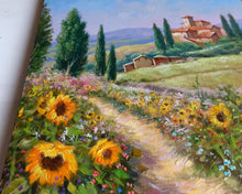 Load image into Gallery viewer, Tuscany painting by Domenico Ronca painter &quot;The flowery path&quot; canvas original Toscana landscape
