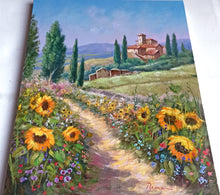 Load image into Gallery viewer, Tuscany painting by Domenico Ronca painter &quot;The flowery path&quot; canvas original Toscana landscape
