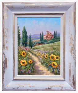 Tuscany painting by Domenico Ronca painter "The flowery path" canvas original Toscana landscape