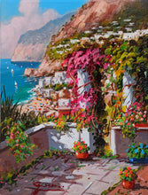 Load image into Gallery viewer, Positano painting by Gio Sannino painter &quot;Flowered seaside small version&quot; original canvas artwork Italy
