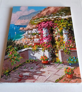 Positano painting by Gio Sannino painter "Flowered seaside small version" original canvas artwork Italy