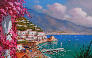 Amalfi painting by Gio Sannino painter "Flowey terrace - vertical version" original canvas Italy