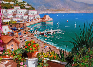 Amalfi painting by Gio Sannino painter "Flowey terrace - vertical version" original canvas Italy