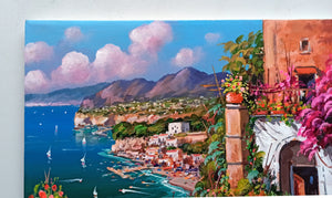 Sorrento painting by Gio Sannino painter "Flowery house on the coast" landscape original canvas artwork Italy