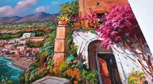 Sorrento painting by Gio Sannino painter "Flowery house on the coast" landscape original canvas artwork Italy
