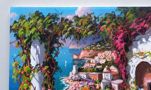 Positano painting by Gio Sannino painter "Window on the sea" landscape original canvas artwork Italy