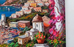 Positano painting by Gio Sannino painter "Flowered seaside" landscape original canvas artwork Italy