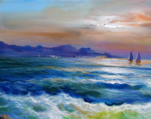 Sea painting by Mario Smeraglia "Swell at sunset" original artwork canvas Italian painter