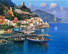 Load image into Gallery viewer, Amalfi painting by Vincenzo Somma &quot;Fishing boats&quot; original canvas Italian painter
