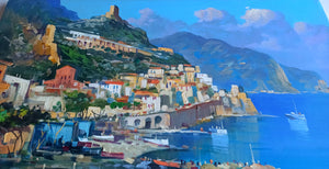 Amalfi painting by Vincenzo Somma "Fishing boats" original canvas Italian painter