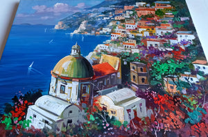 Positano painting by Vincenzo Somma painter "Pointview of the town" original canvas artwork Italy