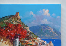 Load image into Gallery viewer, Amalfi painting by Vincenzo Somma &quot;Terrace on the sea vertical&quot; original canvas artwork Italy
