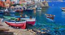 Load image into Gallery viewer, Amalfi painting by Vincenzo Somma painter &quot;Boats on the beach&quot; original canvas artwork southern Italy
