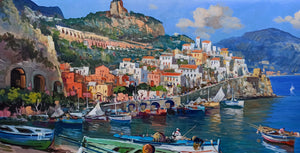 Amalfi painting by Vincenzo Somma painter "Boats on the beach" original canvas artwork southern Italy