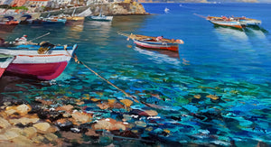 Amalfi painting by Vincenzo Somma painter "Boats on the beach" original canvas artwork southern Italy