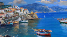 Load image into Gallery viewer, Amalfi painting by Vincenzo Somma painter &quot;Boats on the beach&quot; original canvas artwork southern Italy
