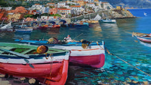 Load image into Gallery viewer, Amalfi painting by Vincenzo Somma painter &quot;Boats on the beach&quot; original canvas artwork southern Italy
