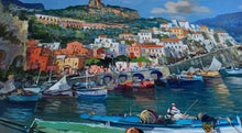 Load image into Gallery viewer, Amalfi painting by Vincenzo Somma painter &quot;Boats on the beach&quot; original canvas artwork southern Italy
