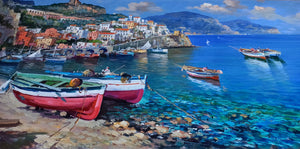 Amalfi painting by Vincenzo Somma painter "Boats on the beach" original canvas artwork southern Italy